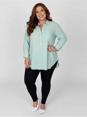 Cato Fashions Mint Green Cotton Popover Top 14/16W Roll Tab Sleeves High Low